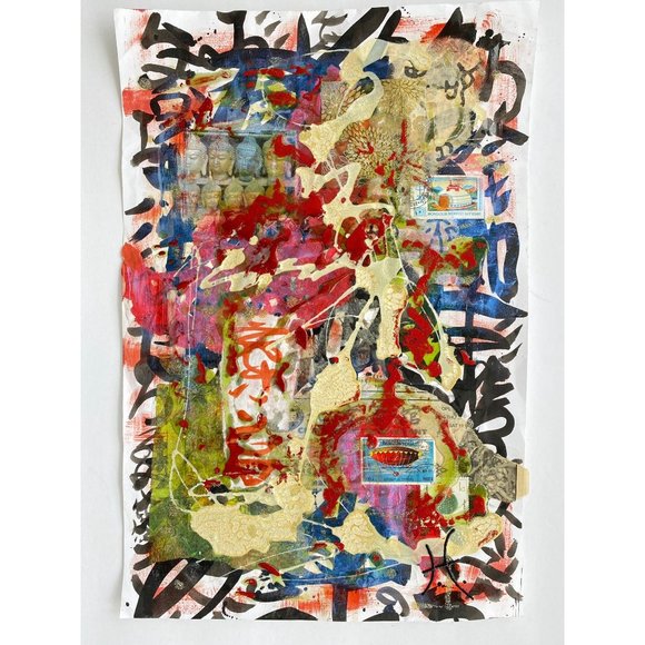 Indo Dreaming - Original Wall Art Handmade Mixed Media Collage Asian Calligraphy - Picture 2 of 9